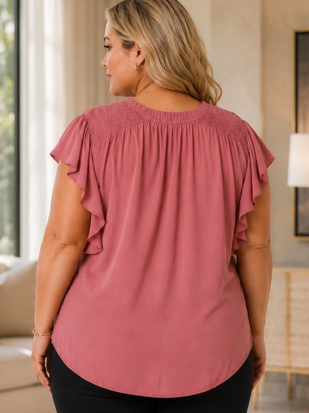PAIGE Dusty Rose V-Neck Flutter Sleeve Blouse - Picture 3 of 9